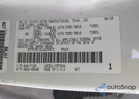 2018 Toyota Tundra Sr5 5.7L V8 z USA, uszkodzony, nr VIN 5TFRY5F15JX239873